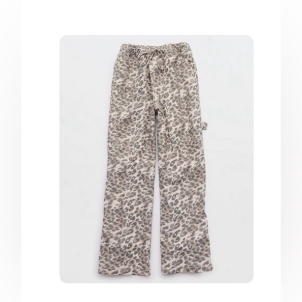 Aerie Leopard Print Wide Leg Cargo Pants - Gray and Cream